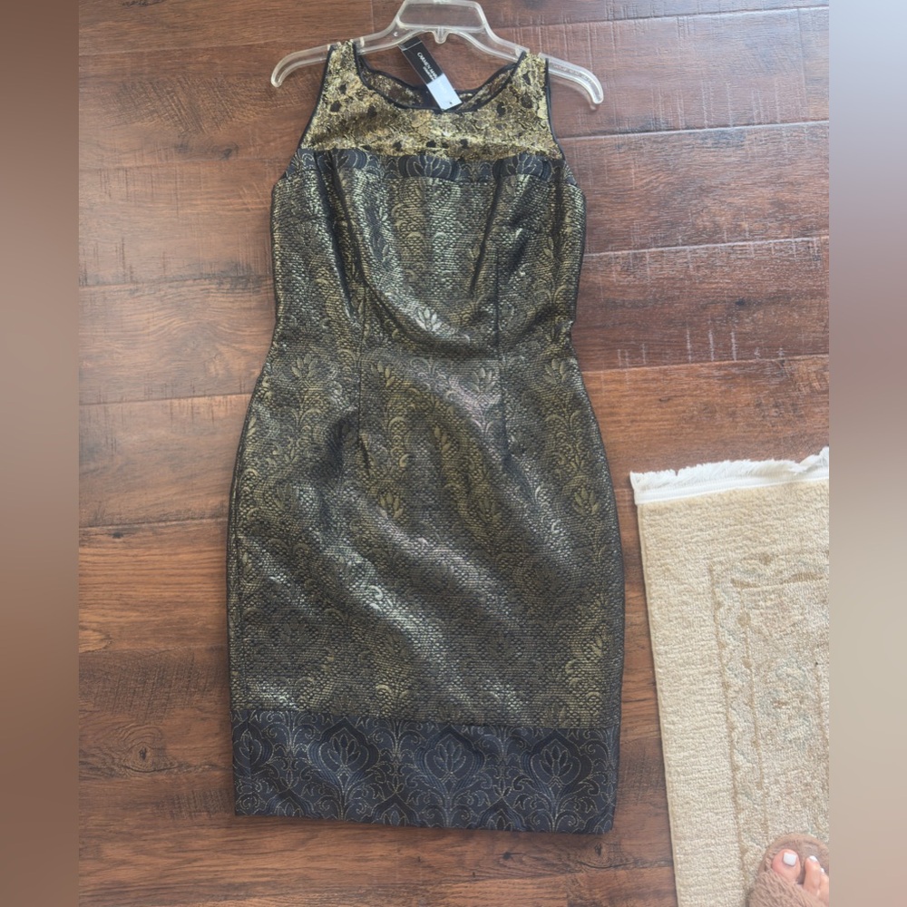 Carmen Marc Valvo Black and Gold Lace Dress